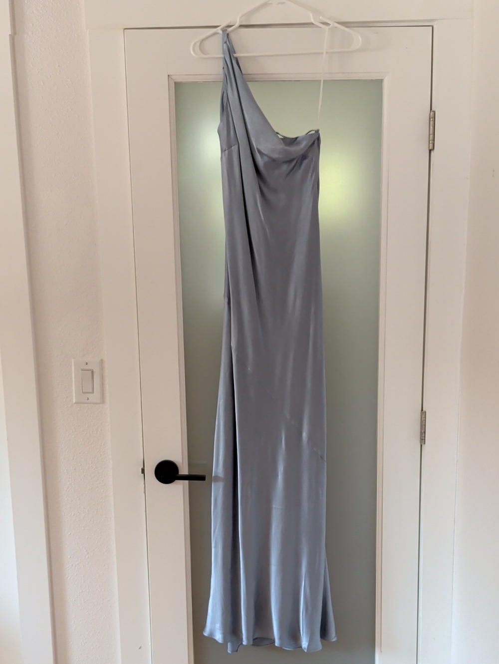 Shona Joy, Elegant One-Shoulder Satin Evening Gown - Light Blue